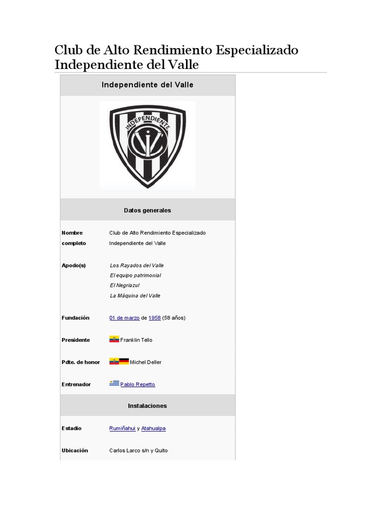 Club de Alto Rendimiento Especializado Independiente Del Valle, PDF, Asociación de clubes de fútbol